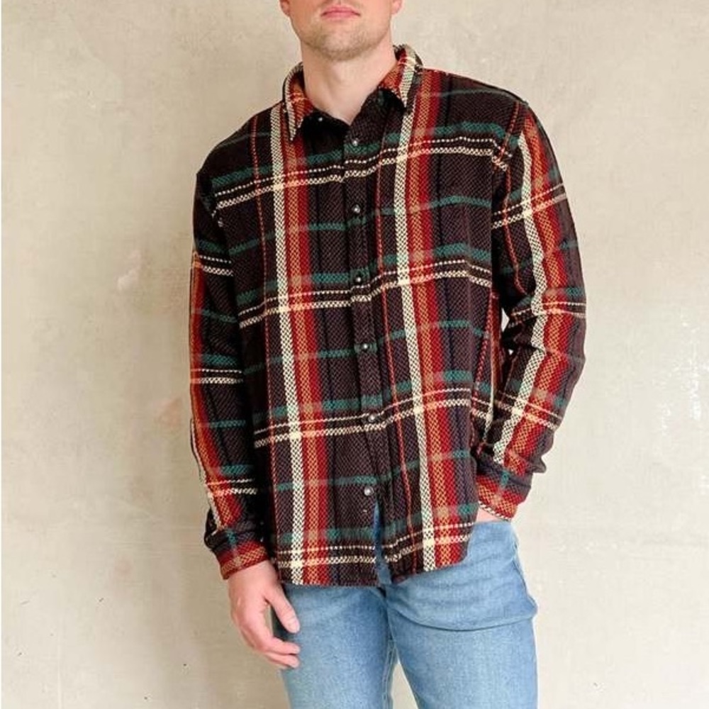 Corridor NYC Men’s Trailhead Shacket/button up shirt. Acid Plaid Brown.